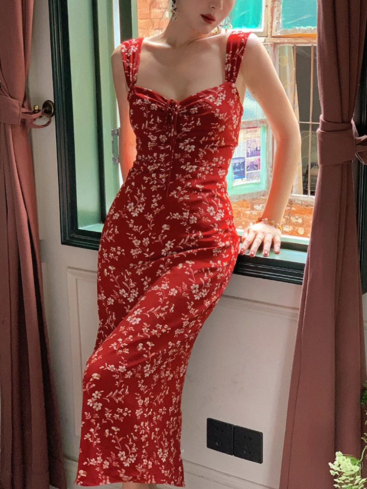 Червено елегантна вечерна рокля Midi за жените, Франция, Винтажное плажна рокля на спагети презрамки, Женствена рокля с принтом и отворен гръб, сексуална Корейска рокля Лято 2023 Изображение 1