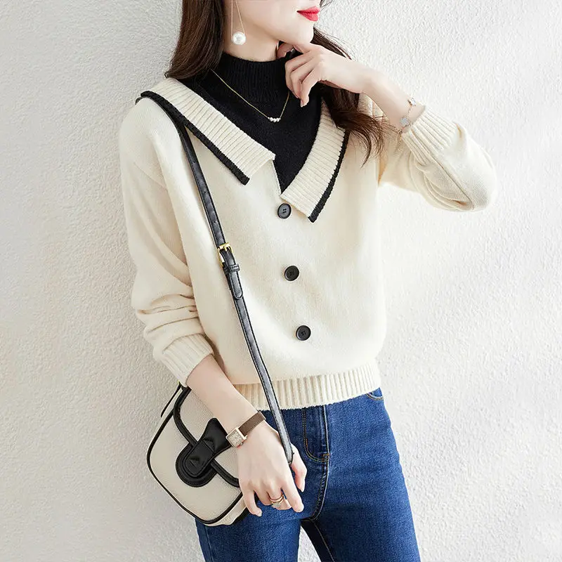 Есен-зима, нови дамски пуловери-wild контрастен цвят, с кръгло деколте и копчета, модерни ежедневни блузи с дълъг ръкав Изображение 1