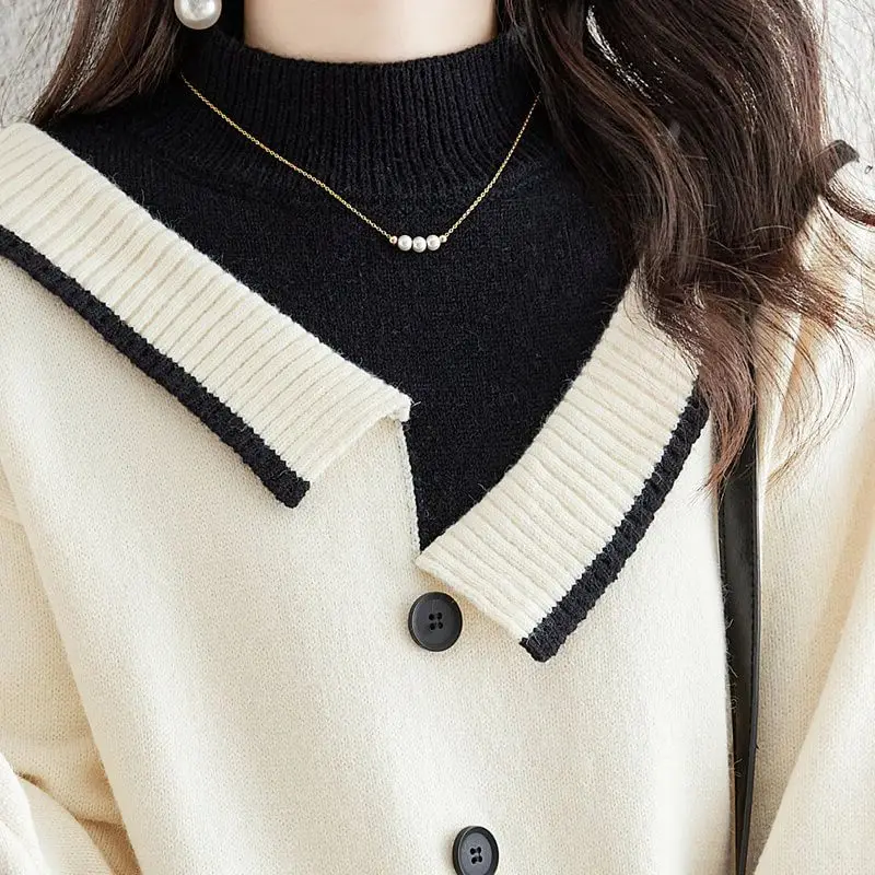 Есен-зима, нови дамски пуловери-wild контрастен цвят, с кръгло деколте и копчета, модерни ежедневни блузи с дълъг ръкав Изображение 2