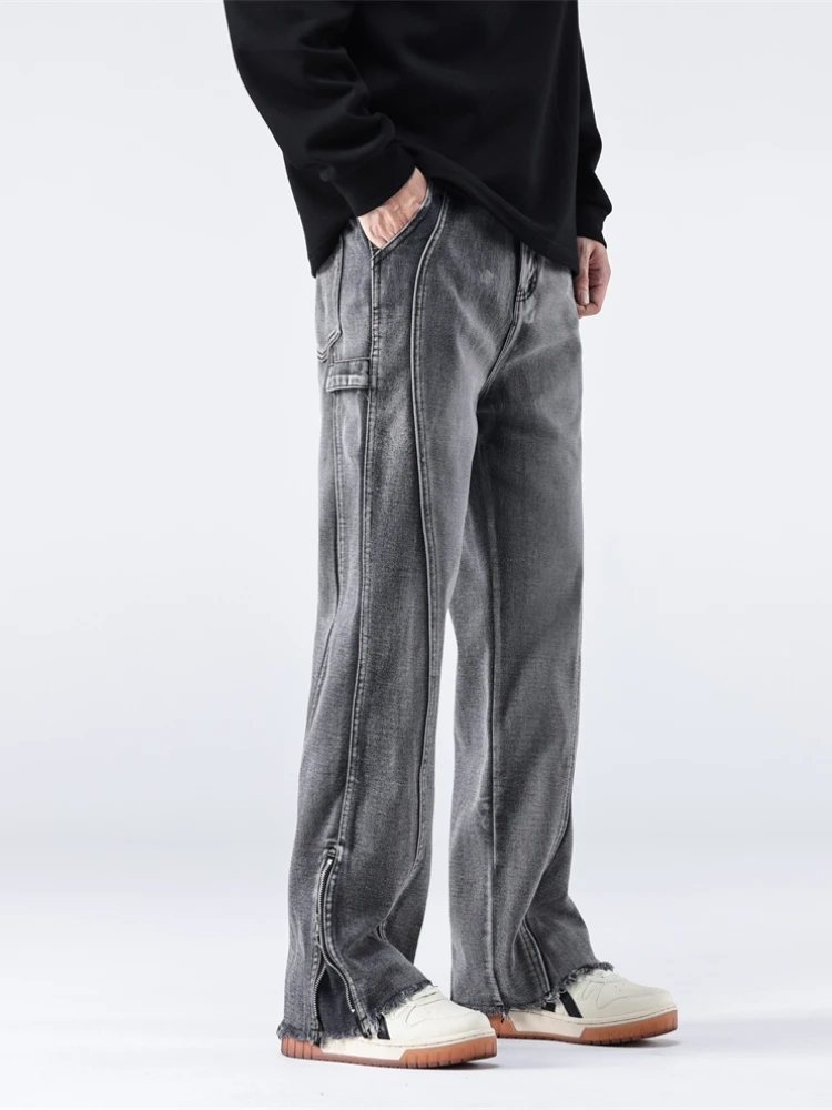 Boliyae, свободни прави дънки с цип в американски стил, мъже градинска дрехи, широки дънкови панталони, High Street Y2K, модни выстиранные Широки панталони Изображение 3