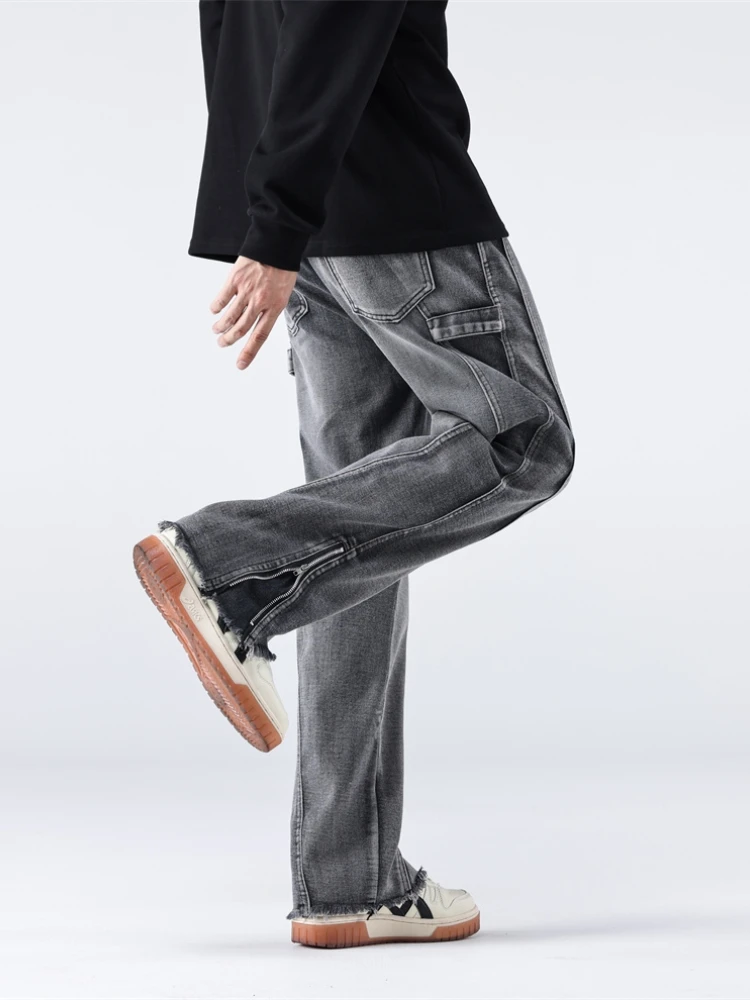 Boliyae, свободни прави дънки с цип в американски стил, мъже градинска дрехи, широки дънкови панталони, High Street Y2K, модни выстиранные Широки панталони Изображение 5