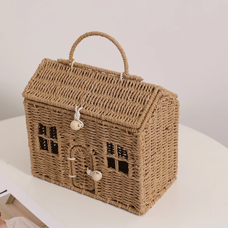 Ръчно сламена чанта с анимационни къща, нов нишевый дизайн, ръчно тканая чанта за съхранение на количката в хижа Изображение 2