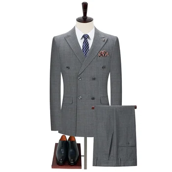 2023 Висококачествен Карирани комплект с двойно цепка (костюм + панталони) За мъже Four Seasons, Висококачествен и Лек мъжки комплект от две части за бизнес господин