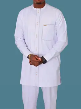 2023 Мъжки бели Дашики с дълъг ръкав, комплект от 2 теми, традиционно облекло на Африка, бял мъжки костюм, мъжки риза, панталони, костюми