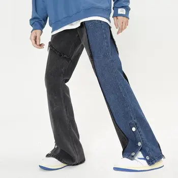 2023 Нова Мода Мозайка Широки Мъжки Разкроена Дънкови Панталони С Копчета До Глезените Директни Женски Хип-Хоп Выстиранные Дънкови Панталони Pantalon Homme