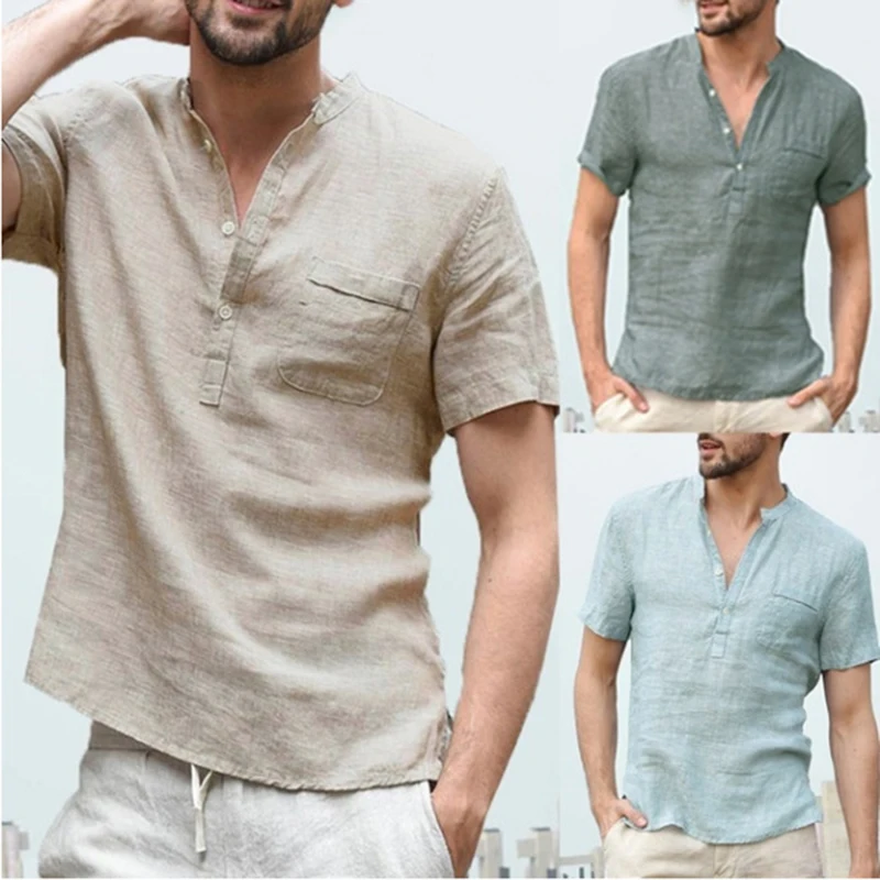 2023 Нова мъжка тениска с къси ръкави От памук и лен с V-образно деколте, Ежедневни мъжки t-shirt, Мъжки дишащи върховете S-5XL Изображение 3