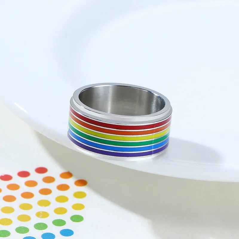 Пръстен за облекчаване на стреса Marina 8mm Spinner от неръждаема стомана Rainbow Lines, ежедневни бижута Гордост за ЛГБТ Изображение 4