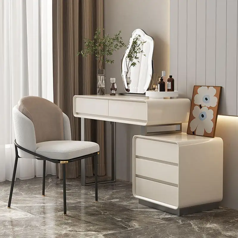 Лесен луксозен скрин, домашен стол, светла луксозна спалня, модерен лесен шкаф за съхранение, вградена масичка за грим в стил кремовом Изображение 3