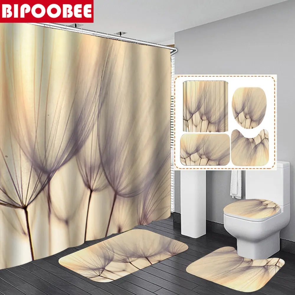 Водоустойчив тъканно завеса за душ, Аксесоари за декора на банята под формата на глухарче, Цветни завеси за баня, Капака на тоалетната чиния, Нескользящий килим, мокет Изображение 1
