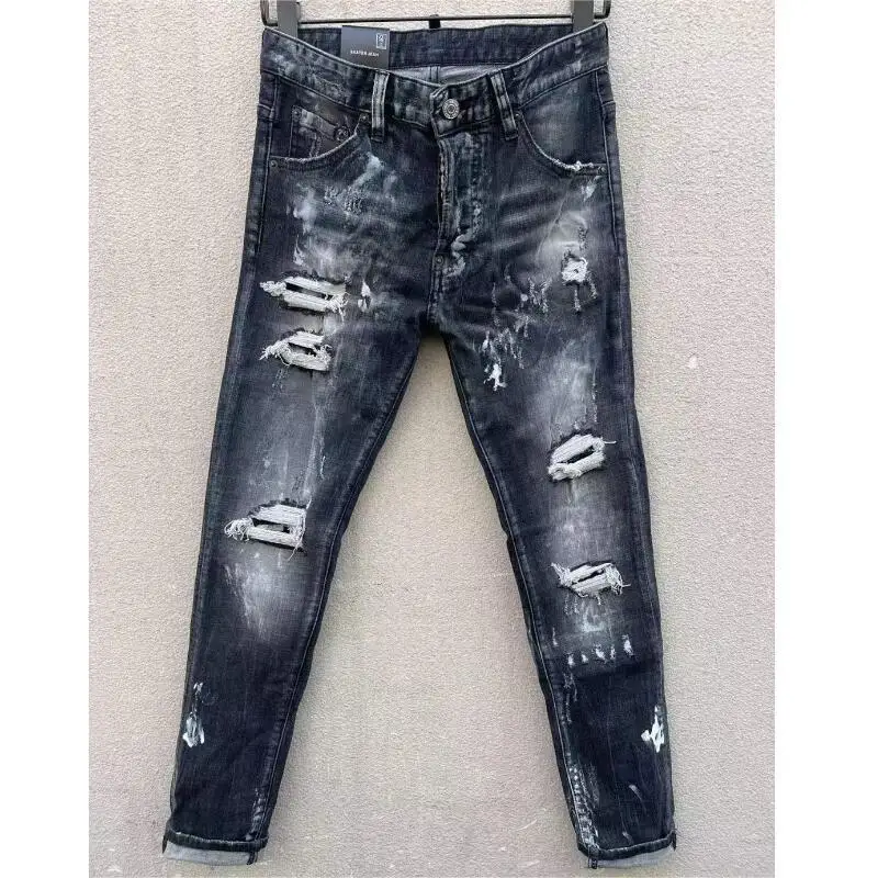 Мъжки модни джинси с дупки на High street, боядисани спрей, Модерни ежедневни панталони от деним за мото и колоездачи C010 Изображение 0