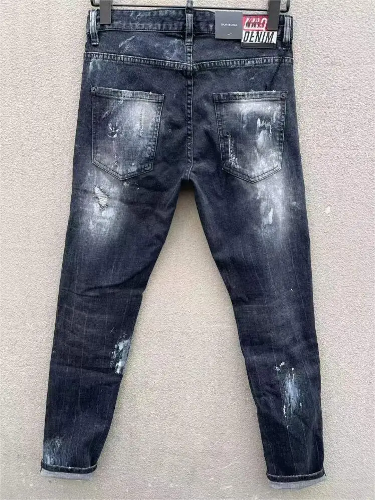 Мъжки модни джинси с дупки на High street, боядисани спрей, Модерни ежедневни панталони от деним за мото и колоездачи C010 Изображение 1