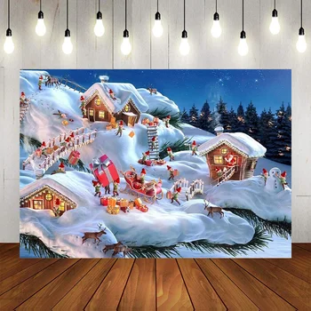 Cartoony Коледен декор на Фона на Дядо Коледа Човечето къща Подаръци, Елени, Снежни приказки Банер на Фонова картина