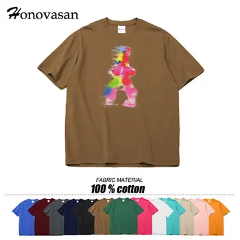 Honovasan Harajuku Шик свободни тениски, мъжки Летни тениски от 100% памук с принтом, мъжки модни дамски пуловер с къс ръкав