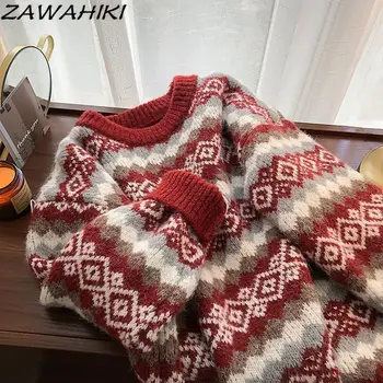 Sueter Mujer Есен-зима Червен Универсален Свободен Корейски модерен Чист пуловер Дамски Ежедневни Красиви и Шикозни блузи с контрастиращ цвят Mujer