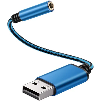 Аудиоадаптер за слушалки USB-3,5 мм, Външна стереозвукокарта за КОМПЮТЪР, лаптоп, за, за и Т.н. (0,6 Метра, синьо)
