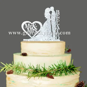 Безплатна доставка, topper за сватбената торта, акрилни сребърно-златен блясък, индивидуални сватбени топперы за тортата на младоженеца и на булката с персонализирани фамилия
