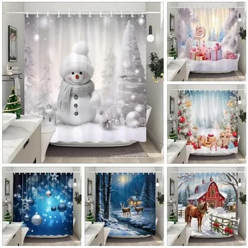 Бял, Снежен Човек, Коледни Завеси За Душ Коледен Подарък Синьо Горски Елен Селска Къща Моющаяся Домашна Завеса За Баня Декор На Банята