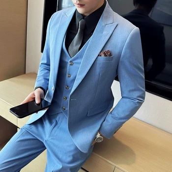 Висококачествен мъжки (костюм + Жилетка + панталони) Модерен Бизнес Тренд, яка с ревери на една пуговице, обикновен комплект от три елемента 3/2