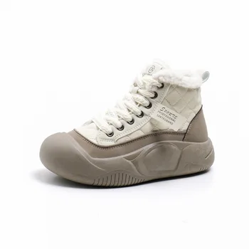 Дамски зимни изолирана обувки с висок берцем 2023, нови плюшени памучни обувки с висок берцем, универсални зимни обувки на дебела подметка, тенденция за хляб