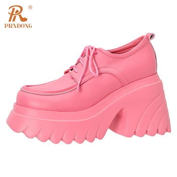 Дамски обувки-лодка PRXDONG Нова марка от естествена телешка кожа На високо квадратен ток и дебела платформа, Черни, Розови, ежедневни обувки в римски стил дантела