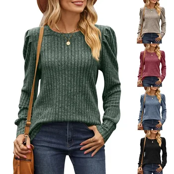 Дамски тениски, обикновена тениска с дълъг ръкав, свободни тениски в ивица с кръгло деколте, есенни ежедневни блузи, пуловери копчета, всекидневни, 2023, оборудвана приятелка