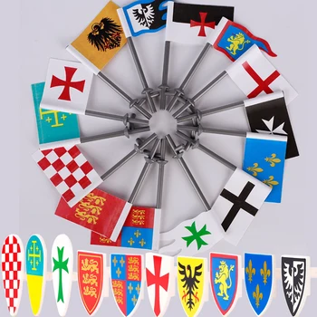 Етикети с флага на екипа MOC Knights, Средновековен военен замъка, войниците-Круциата, Щит с Лъв, строителни блокове, Тухли на Ордена на тамплиерите, играчки