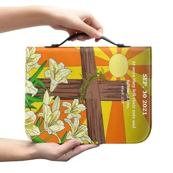 Защита на Библията под формата на кръст и цвете Кожена дамска чанта с дръжка за Чанта с цип за съхранение на Библията Библията Защитава най-Добрият подарък за жена