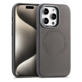 Кожена метална защита на камерата за Magsafe за iPhone 15 14 13 12 Pro Max Plus Калъф Луксозен задната част на кутията на телефона от изкуствена кожа на магнити