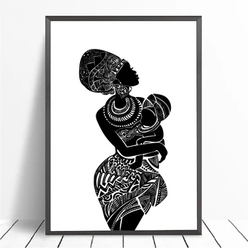 Красива африканска жена с детска спалня, стенно изкуство, живопис върху платно, е черно-бяла стенни картина, плакат, модерен принт, домашен декор