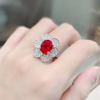 Луксозен пръстен с блестящ кристал и червени цветя модел За Дама, Набор от сватбени бижута, Модерни и пръстен от сребро 925 проба, Дамски аксесоари за пръстите