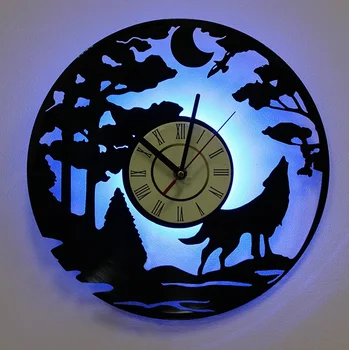 Луминесцентна готина led vinyl плоча Wolf Стенни часовници с дистанционно управление, led светлини, директна доставка, боядисани стени, декорация на стаи