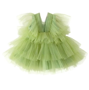 Маслинено-зелена рокля на цветчета за малки момичета за сватбени партита, Диференцирани принцеса рокля от тюл с дължина до коляното в първия ден на раждане за момичета от 1 до 12 години