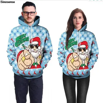 Мъже, Жени Грозни Коледен пуловер на Дядо Коледа с 3D Снежинками и принтом елен, есенно-зимна празнична парти, лепкава Коледна hoody с качулка, hoody
