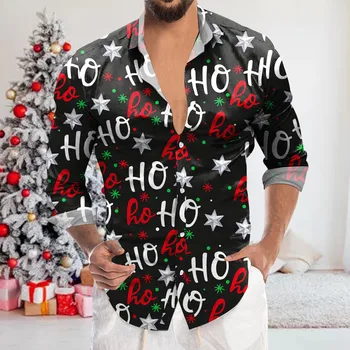 Мъжки Коледа риза с писмото принтом, блуза с дълъг ръкав и отложным яка, коледни ризи за фитнес, стилен бизнес ризи за Коледно парти, мъжки