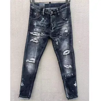 Мъжки модни джинси с дупки на High street, боядисани спрей, Модерни ежедневни панталони от деним за мото и колоездачи C010