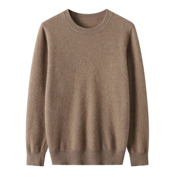 мъжки прост обикновен вълнен пуловер с кръгло деколте и дълги ръкави от 100% чиста вълна, топло свободен есенно-зимния нов вълнен пуловер