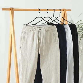 Нови Стилни Панталони на Италианската Марка От Чист Лен, Модни Ежедневните Свободни Панталони С Еластичен Ластик На Талията, 4 Вида цвята, Обикновен Панталони Homme