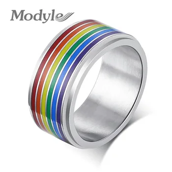 Пръстен за облекчаване на стреса Marina 8mm Spinner от неръждаема стомана Rainbow Lines, ежедневни бижута Гордост за ЛГБТ