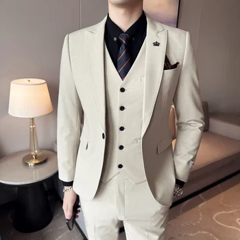 (Сако + панталон + елек) Луксозен мъжки сватбен костюм от 3 теми, модерен оборудвана яке, комплекти за бизнес офис костюми Голям размер 4XL