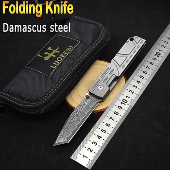 Сгъваеми ножове с дръжка от дамасской стомана и титанова сплав за лов на открито, здрав ловен нож за самозащита, висококачествен остър EDC
