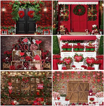 Тухлена стена на дома на открито, Снимков фон на Свети Валентин, Дървена врата, Червена роза, Сватба, Светлини във формата на сърце, Декори, декори