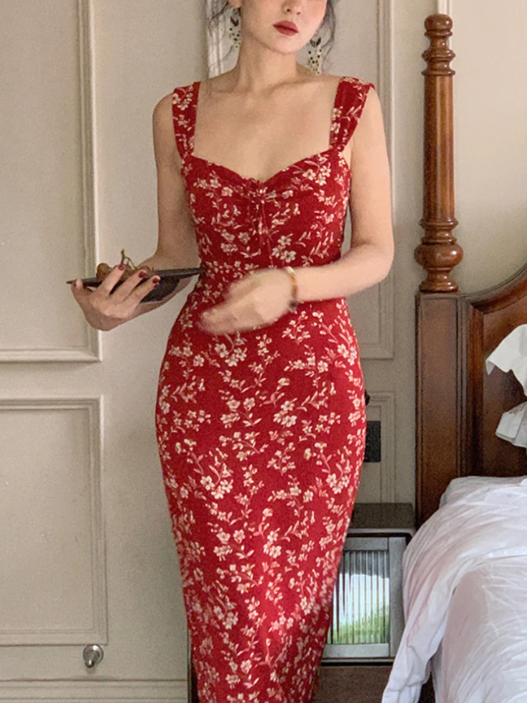 Червено елегантна вечерна рокля Midi за жените, Франция, Винтажное плажна рокля на спагети презрамки, Женствена рокля с принтом и отворен гръб, сексуална Корейска рокля Лято 2023 Изображение 0