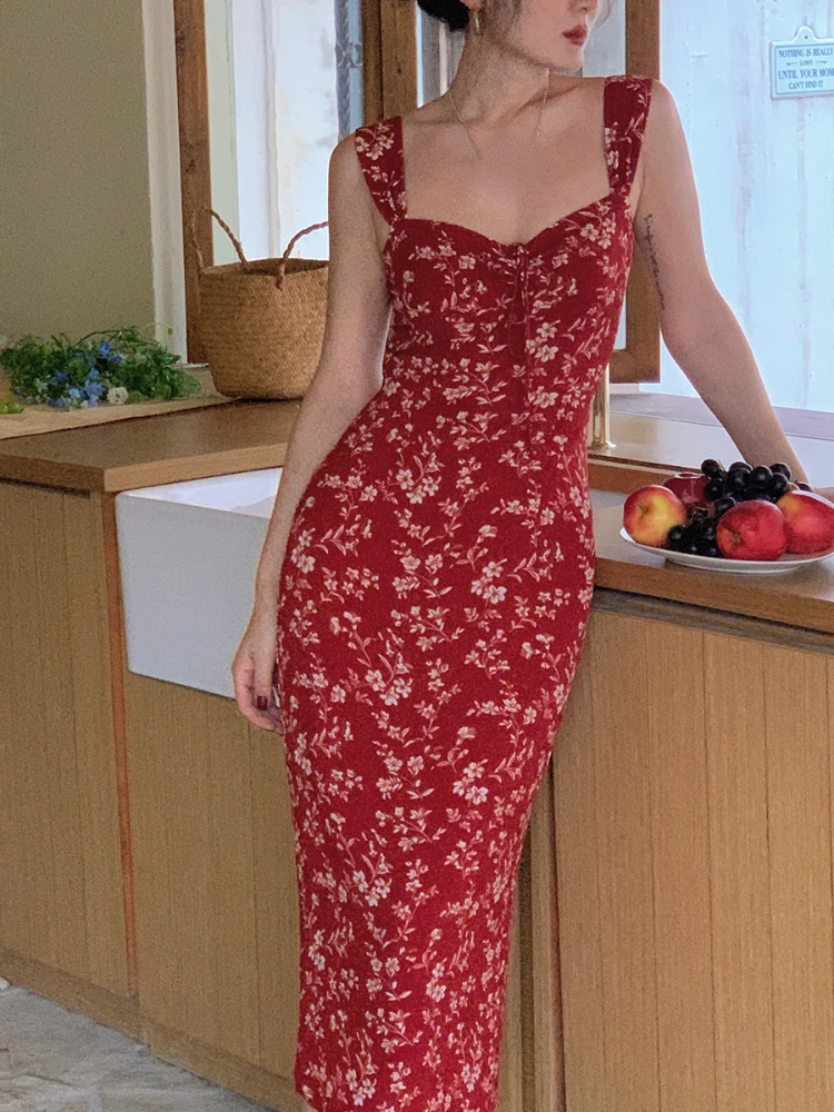 Червено елегантна вечерна рокля Midi за жените, Франция, Винтажное плажна рокля на спагети презрамки, Женствена рокля с принтом и отворен гръб, сексуална Корейска рокля Лято 2023 Изображение 2