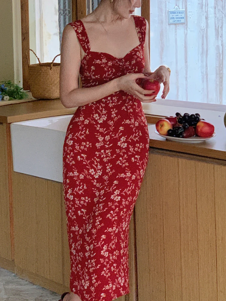 Червено елегантна вечерна рокля Midi за жените, Франция, Винтажное плажна рокля на спагети презрамки, Женствена рокля с принтом и отворен гръб, сексуална Корейска рокля Лято 2023 Изображение 4