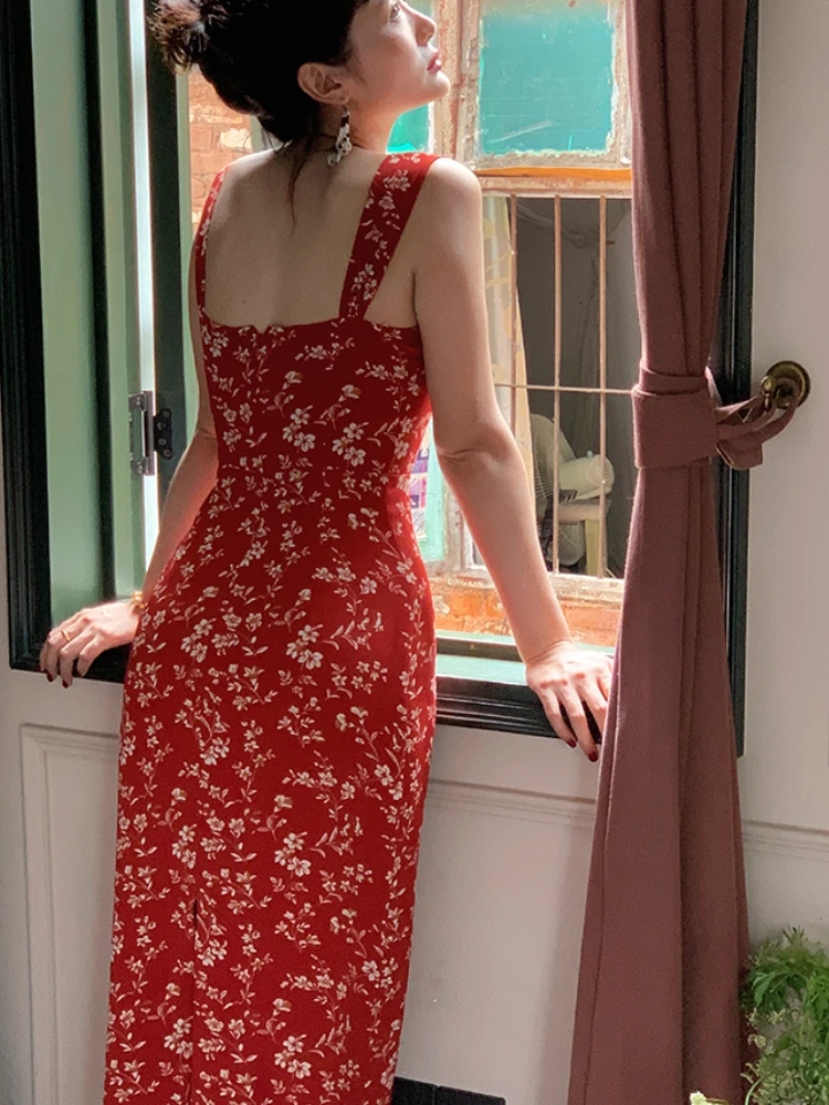 Червено елегантна вечерна рокля Midi за жените, Франция, Винтажное плажна рокля на спагети презрамки, Женствена рокля с принтом и отворен гръб, сексуална Корейска рокля Лято 2023 Изображение 5
