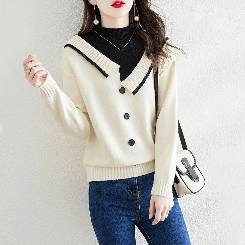 Есен-зима, нови дамски пуловери-wild контрастен цвят, с кръгло деколте и копчета, модерни ежедневни блузи с дълъг ръкав Изображение 0