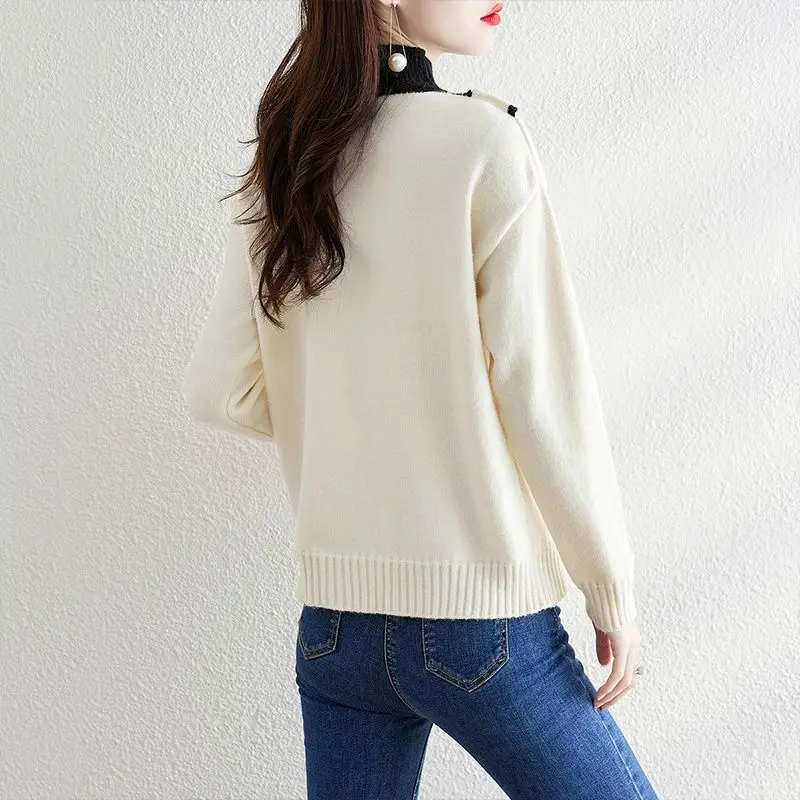 Есен-зима, нови дамски пуловери-wild контрастен цвят, с кръгло деколте и копчета, модерни ежедневни блузи с дълъг ръкав Изображение 3