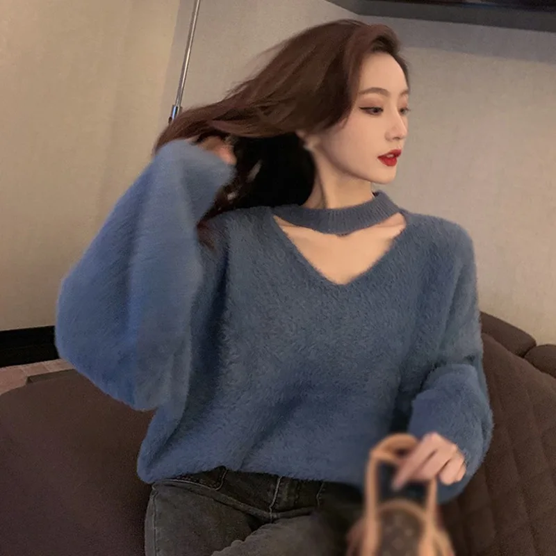 Ретро секси жена пуловер с дълъг ръкав, тънки висящи силует, обикновен женски пуловер, есен и зима, Корейски стил Изображение 2