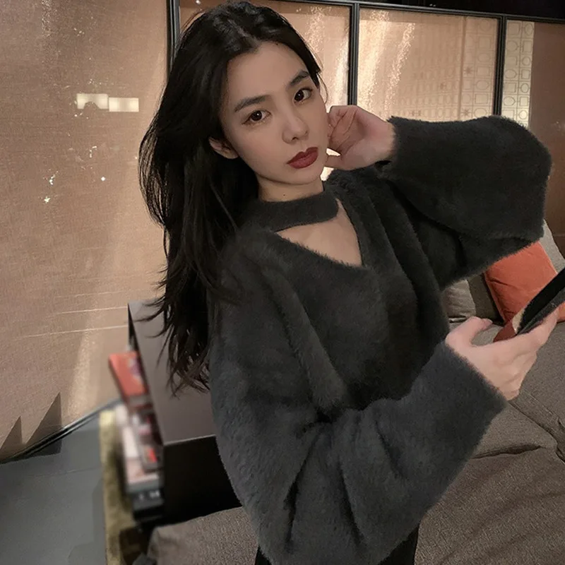Ретро секси жена пуловер с дълъг ръкав, тънки висящи силует, обикновен женски пуловер, есен и зима, Корейски стил Изображение 3
