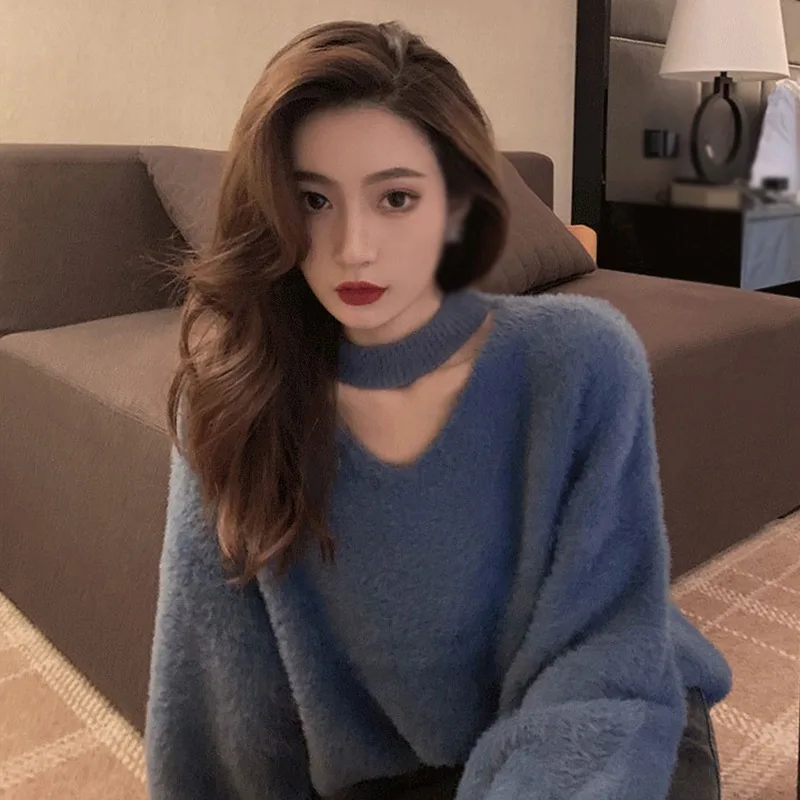 Ретро секси жена пуловер с дълъг ръкав, тънки висящи силует, обикновен женски пуловер, есен и зима, Корейски стил Изображение 4